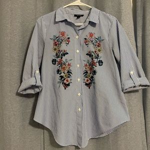 Blue & White Lined blouse with floral print.